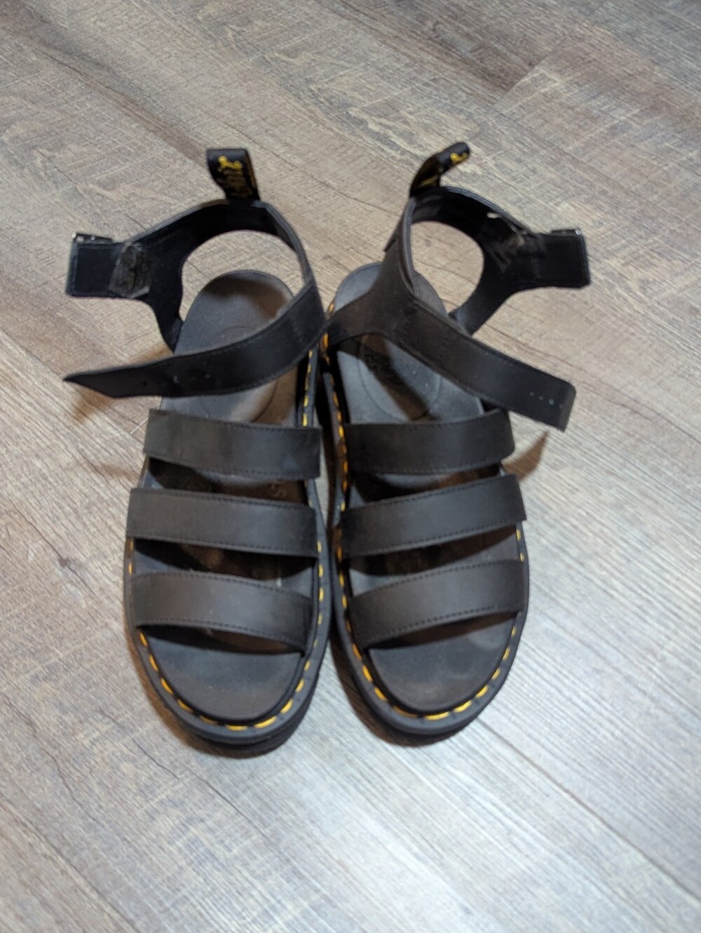 Women's Black Strappy Sandals with Yellow Stitch Detail